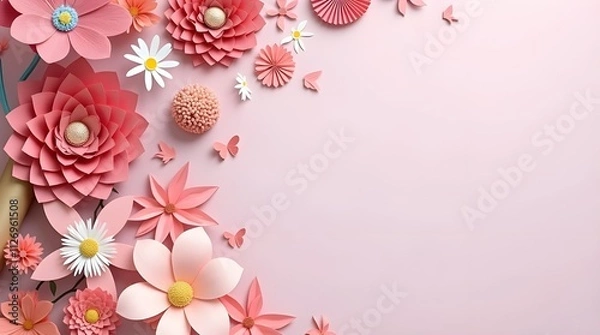 Obraz Beautiful paper cut style flowers on pink background with copy space