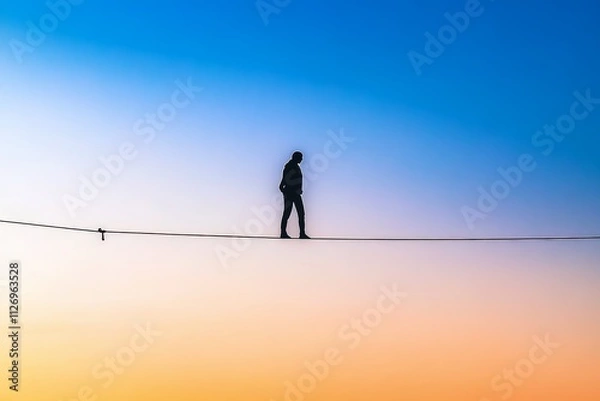 Fototapeta Silhouette of a person walking on a tightrope representing balance in life.