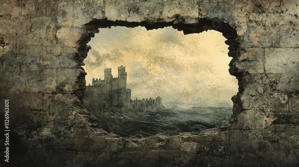 Obraz Scenic View of Ruined Castle Through Ancient Stone Wall with Dramatic Sky and Ocean in Background