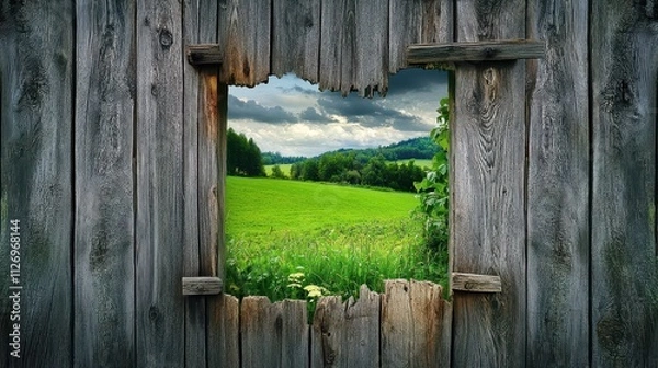 Fototapeta View Through Rustic Wooden Frame of Lush Green Landscape Under Dramatic Cloudy Sky