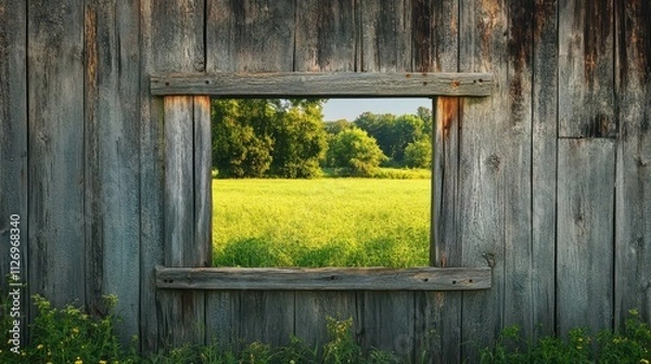 Fototapeta Rustic Wooden Frame with Open View of Lush Green Field and Vibrant Trees Under Clear Blue Sky
