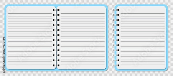 Fototapeta Realistic open blue notebook with white lined pages with shadow on transparent background. Paper sheet.
