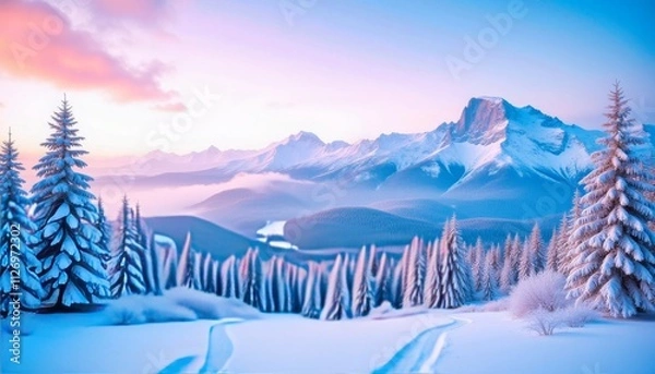 Fototapeta A serene winter landscape featuring snow-covered trees and majestic mountains under a pastel-colored sky at dawn.