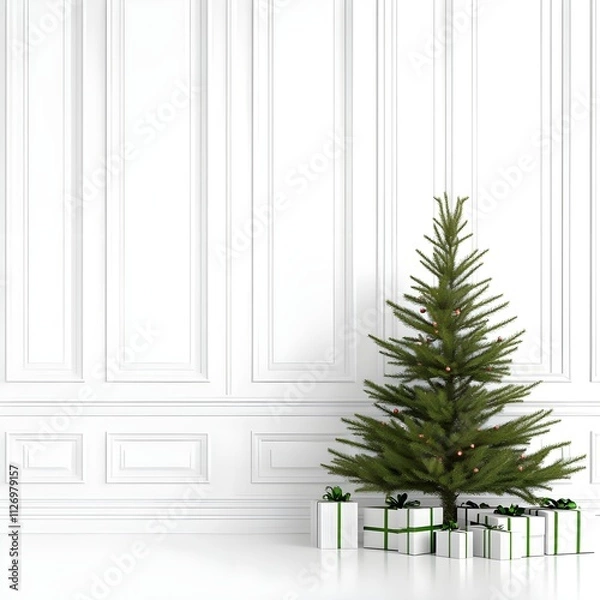 Fototapeta Festive Christmas Tree with Decorative Ornaments and Gracefully Wrapped Presents in a Bright and Elegant Interior Setting for Holiday Celebrations