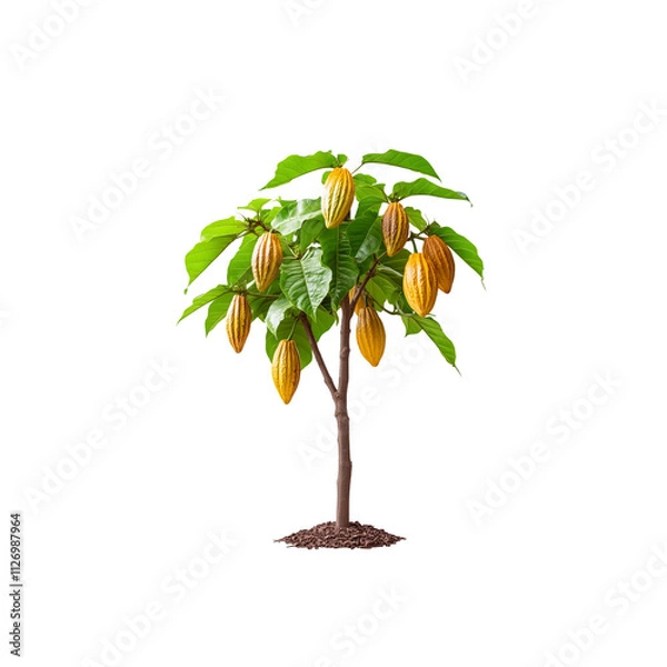 Fototapeta A cacao tree adorned with ripe, yellow cacao pods, isolated on white background