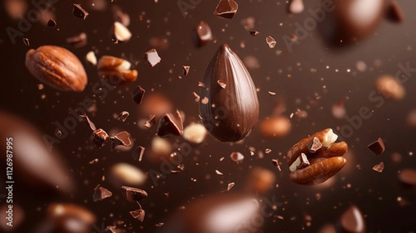 Fototapeta Chocolate and nuts in motion create a dynamic culinary experience