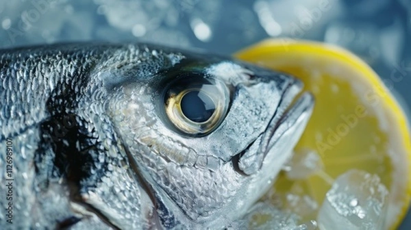 Fototapeta Fresh fish with ice and lemon slices close-up
