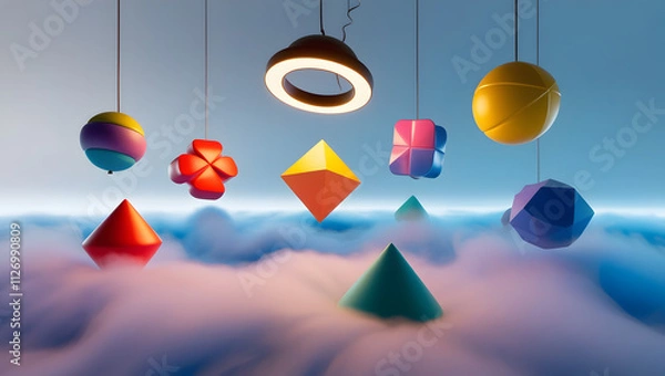 Obraz Geometric Shapes in the Clouds: Abstract art of colorful 3D geometric shapes suspended in the air, casting shadows on a bed of white clouds. A surreal, dreamlike image of modern design and creativity.