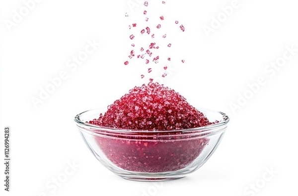 Fototapeta A glass bowl filled with sparkling red sugar crystals, with some crystals falling from above.