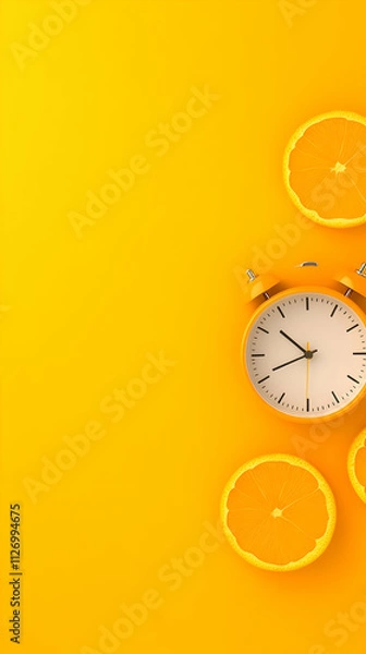 Obraz Vibrant Yellow Background with Clock and Oranges