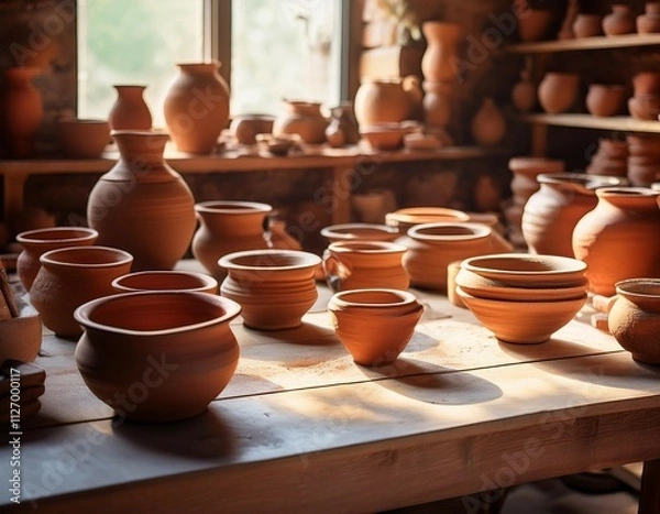 Obraz pottery workshop filled with handmade clay pots and ceramics