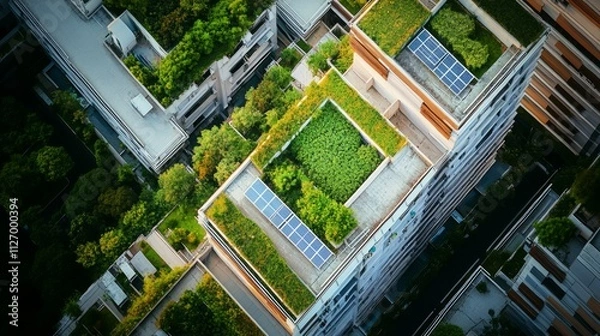 Fototapeta Aerial view of green roofs and solar panels on modern buildings.