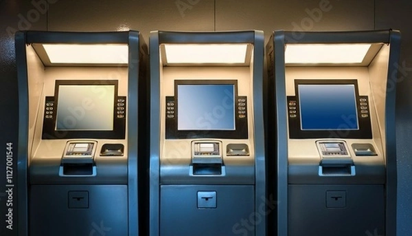 Obraz three automated teller machines with soft lighting in a row