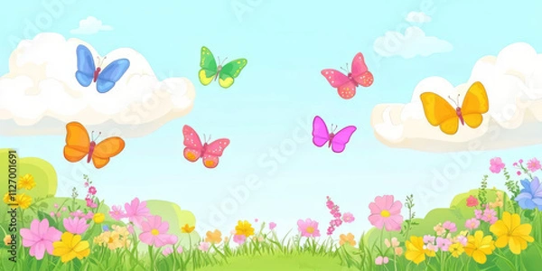 Fototapeta A cheerful illustration of vibrant butterflies flying above a lush field of colorful flowers under a clear blue sky, radiating joy and liveliness. Copy space