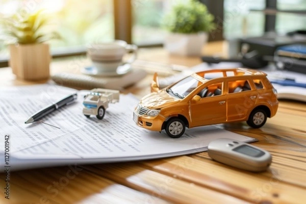 Fototapeta Colorful Toy Car on Wooden Desk Surrounded by Papers, Pen, and Small Model Vehicle in Bright Natural Light for Creative Concept Imagery