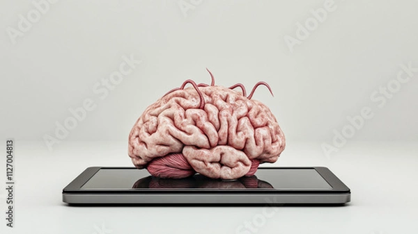 Fototapeta A decayed and rotten brain represented with worms, laying on a digital tablet, symbolizing mental fatigue and screen overuse