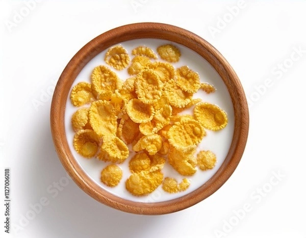 Fototapeta top view of corn flakes in milk bowl isolated on white background