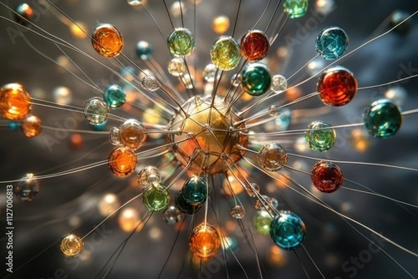 Fototapeta A vibrant, abstract art piece featuring colorful glass spheres interconnected by thin wires, resembling a complex network or molecular structure.