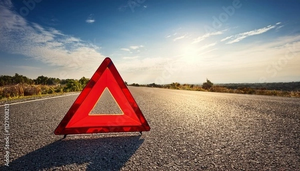 Fototapeta red emergency warning triangle on empty road signaling danger car trouble roadside assistance