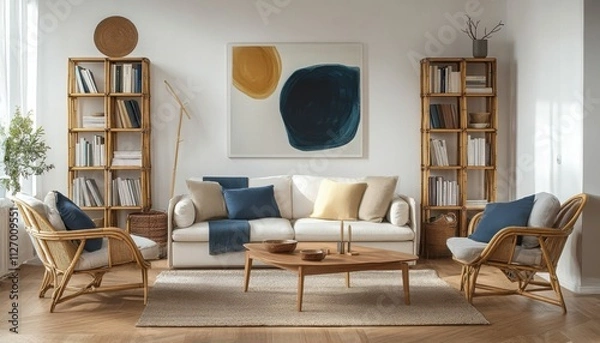 Fototapeta Modern Living Room Interior Design Gray Sofa Tropical Plants Wooden Cabinet