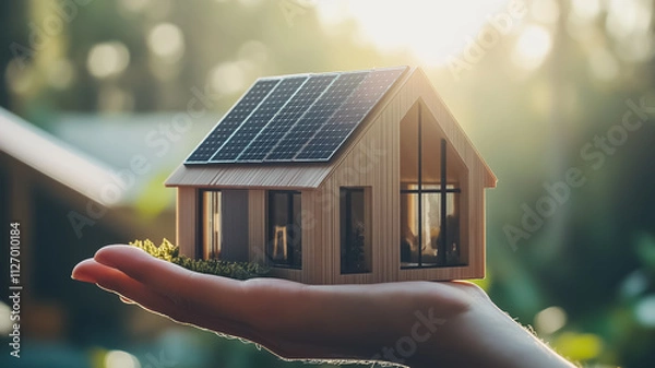Obraz Model domu z instalacją fotowoltaiczną na dachu