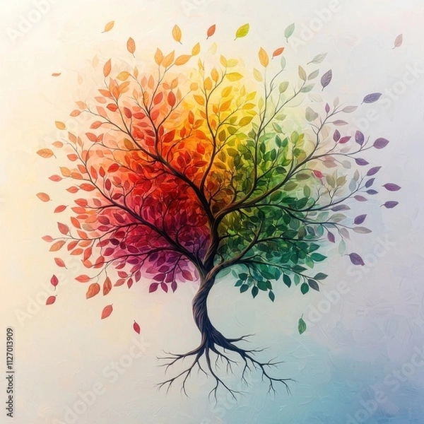 Fototapeta The vibrant tree of life stands tall, its branches branching out in various hues of red, orange, yellow, green, and purple