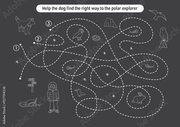 Obraz Labyrinth, Maze game for children. Logical puzzle for kids. Quest to find the right path for a dog to polar explorer. Vector illustration.