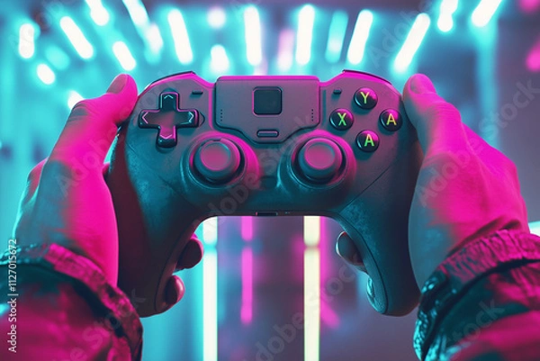 Fototapeta A gaming controller held by two hands in front of a glowing neon background