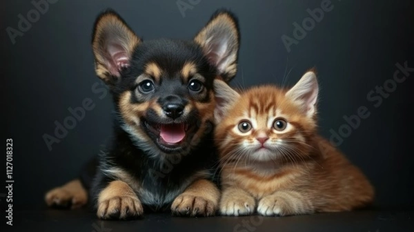 Fototapeta A playful puppy and a curious kitten pose together against a dark background.