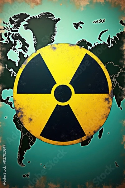Fototapeta Nuclear Danger Depiction with Radiation Symbol and Classic World Map Background
