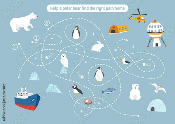 Obraz Labyrinth, Maze game for children. Logical puzzle for kids. Quest to find the right path for a Polar bear to his home. Vector illustration.