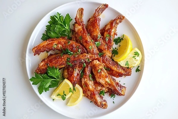 Obraz  A golden-brown schnitzel served on a white plate, garnished with lemon wedges and parsley.