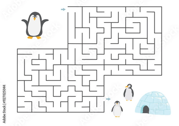 Fototapeta Labyrinth, Maze game for children. Logical puzzle for kids. Quest to find the right path for a penguin to his home. Vector illustration A4 - ready to print format