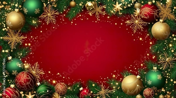 Obraz Vibrant red Christmas background bordered by pine branches, holly leaves, gold ornaments, and poinsettias, perfect for holiday-themed designs on red background