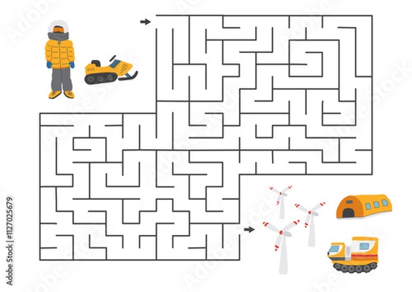 Obraz Labyrinth, Maze game for children. Logical puzzle for kids. Quest to find the right path for a polar explorer to polar station. Vector illustration.