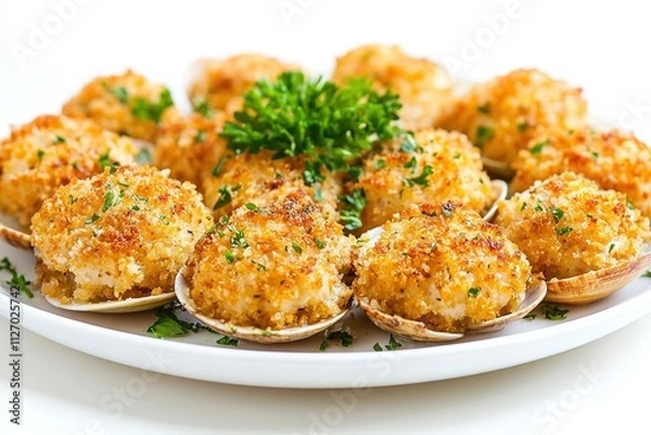 Obraz Baked stuffed clams with crispy breadcrumb topping.