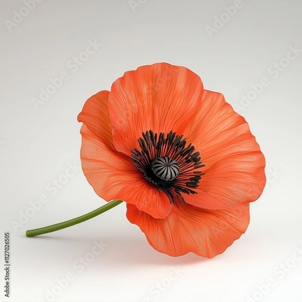 Fototapeta A vibrant red poppy flower with delicate black center and green stem, symbolizing remembrance and gratitude, set against a clean white background.