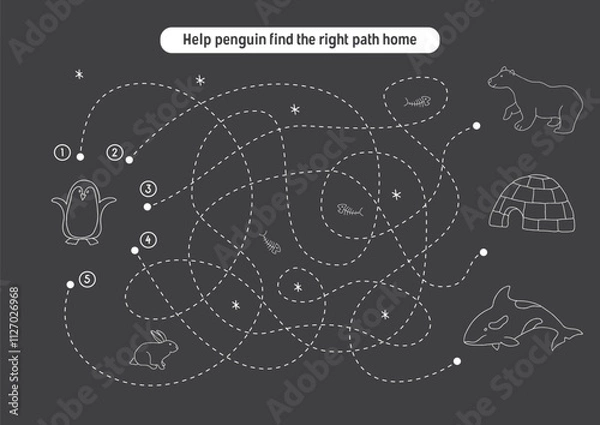Fototapeta Labyrinth, Maze game for children. Logical puzzle for kids. Quest to find the right path for a penguin to his home. Vector illustration A4 - ready to print format
