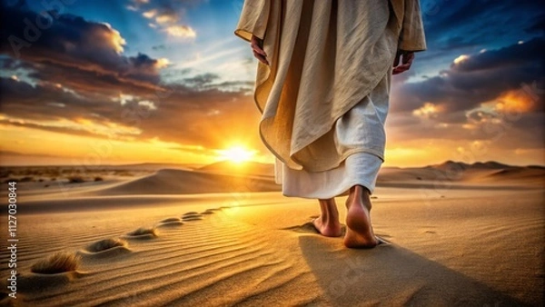 Obraz Close up of the feet of Jesus walking on the sand of dessert at sunset