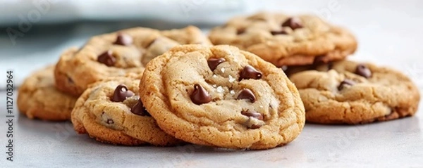 Fototapeta Soft and chewy cookies filled with rich, melty chocolate chips, with a hint of vanilla and a sprinkle of sea salt on top, freshly baked to golden perfection.
