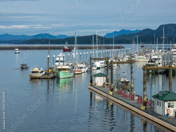 Obraz Part of a large coastal marina with yachts and commercial fishing boats, floating docks, service stations, and bicycles on an overcast morning in Sitka, Alaska, with light digital oil-painting effect