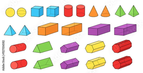 Fototapeta Colorful 3d Shaded Geometric Solid Forms and Shapes Clipart, Geometry and Math Illustrations, with Dashed Lines on a Transparent Background