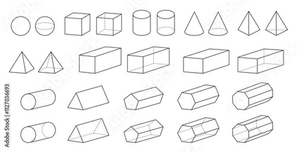 Obraz 3d Geometric Forms and Solid Shapes Clipart, Geometry and Math Illustrations, Outlines with Dashed Lines on a Transparent Background