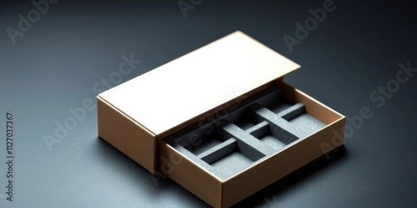 Fototapeta A light brown cardboard box with a sliding lid, revealing a gray foam insert with multiple compartments.