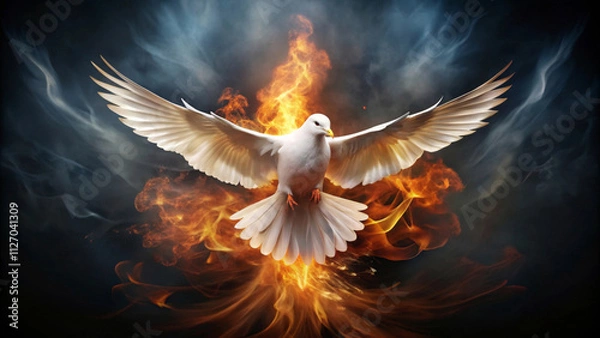 Obraz Flying white dove with flames of fire on dark background