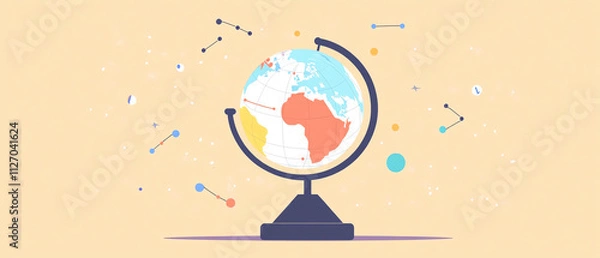 Obraz colorful globe displaying continents and geographic features, surrounded by abstract shapes and stars, representing global data and exploration