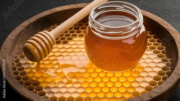 Fototapeta Honey jar with glowing honeycomb and honey dipper dripping streams