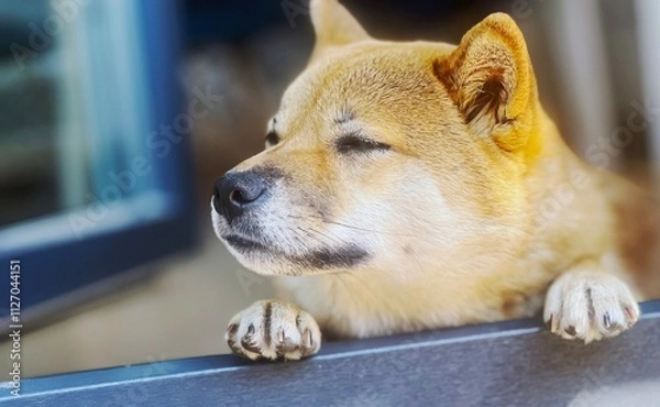 Fototapeta Adorable red Shiba Inu dog curiously peeking out of a window. High-quality, pet-friendly image perfect for home, lifestyle, or curiosity-themed projects. Copy space.