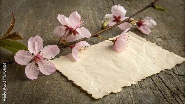 Fototapeta A delicate pink blossom branch rests gracefully on a weathered wooden surface, accompanied by a blank, aged paper sheet, offering a subtle invitation for a heartfelt message or cherished memory.