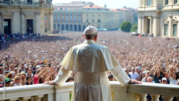 Obraz Pope standing back view with raised hand in front of crowd of greeting people